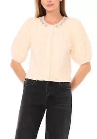 Women's Elbow Sleeve Bling Necklace Cable Cardigan