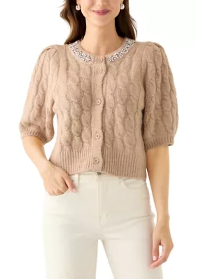 Women's Elbow Sleeve Bling Necklace Cable Cardigan