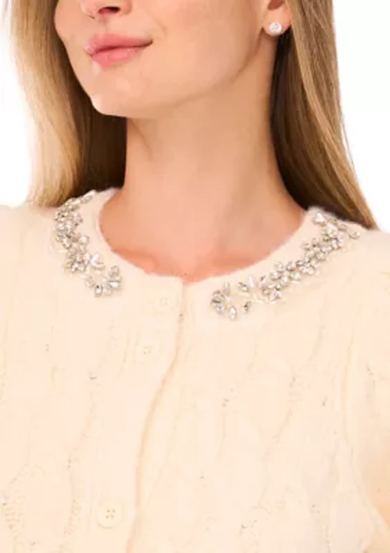 Women's Elbow Sleeve Bling Necklace Cable Cardigan