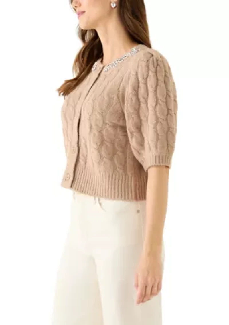 Women's Elbow Sleeve Bling Necklace Cable Cardigan