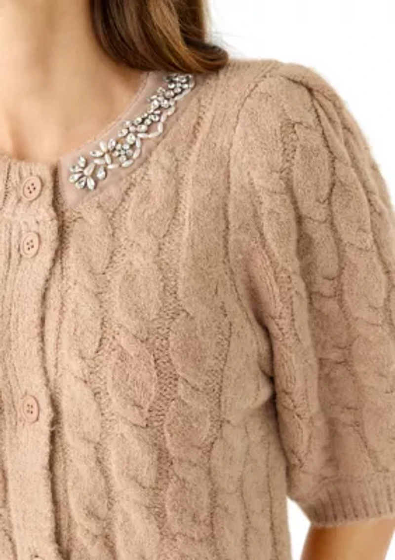 Women's Elbow Sleeve Bling Necklace Cable Cardigan
