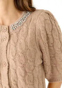Women's Elbow Sleeve Bling Necklace Cable Cardigan