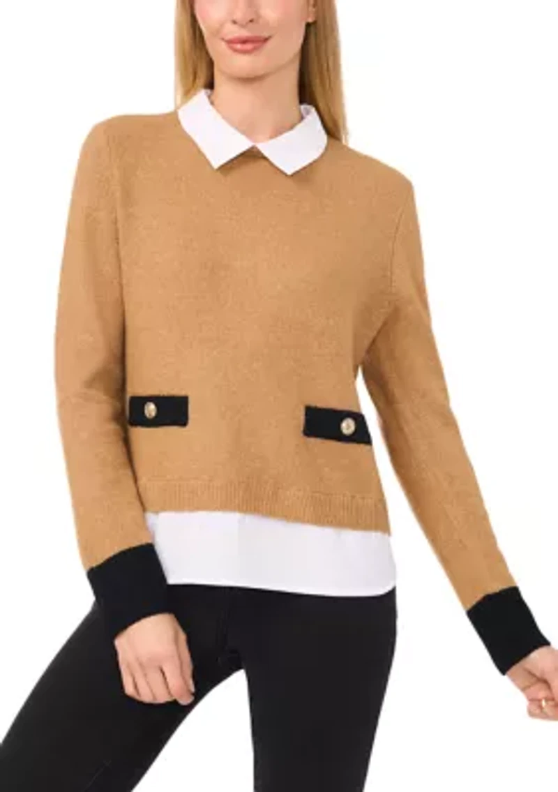 Women's Long Sleeve Tipped 2fer Sweater