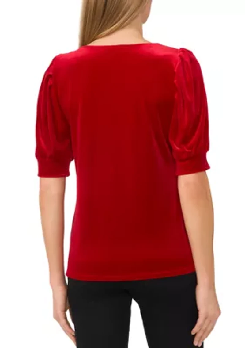 Women's Short Puff Sleeve Velvet Top