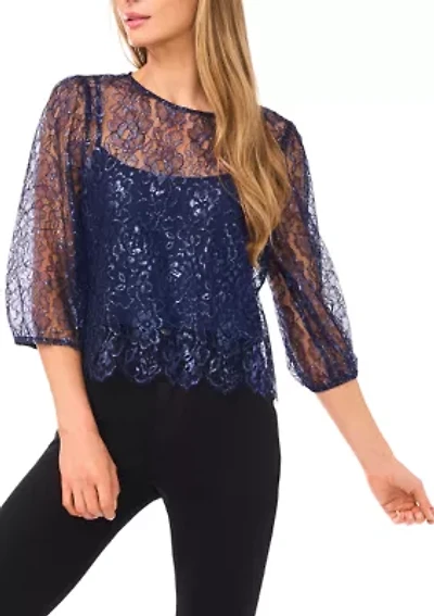 Women's Long Sleeve Sheer Scallop Hem Blouse