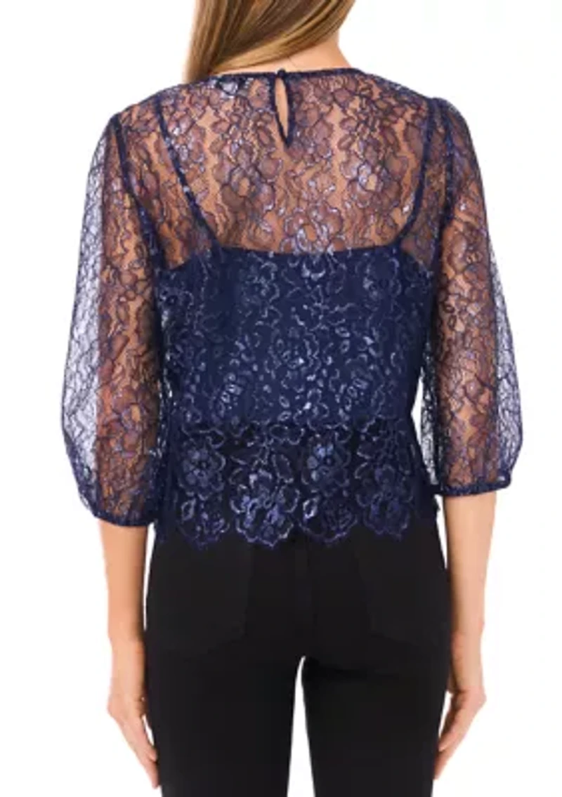 Women's Long Sleeve Sheer Scallop Hem Blouse
