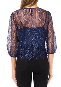 Women's Long Sleeve Sheer Scallop Hem Blouse
