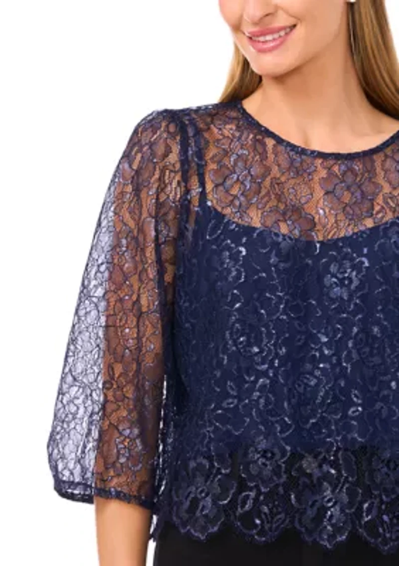 Women's Long Sleeve Sheer Scallop Hem Blouse