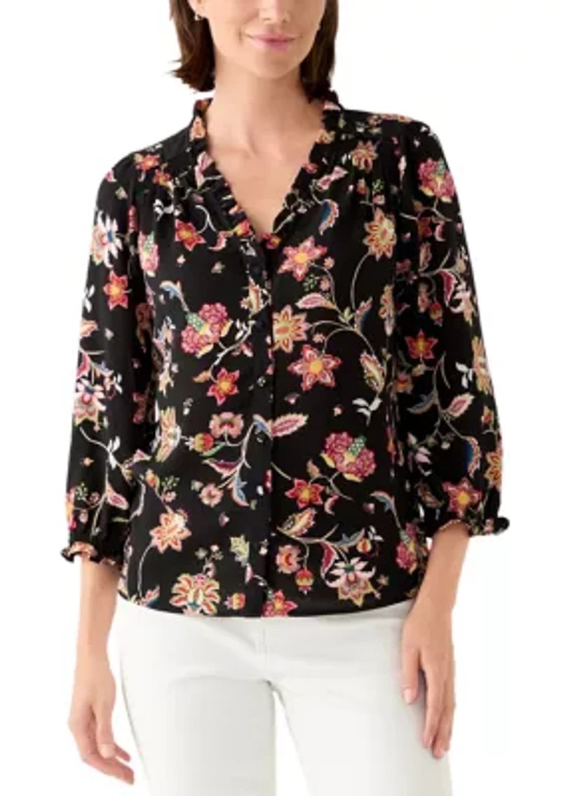 Women's 3/4 Sleeve Printed Split Neck Blouse with Button Front