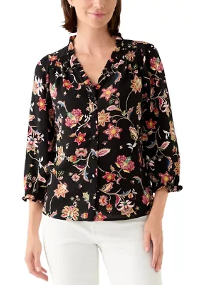 Women's 3/4 Sleeve Printed Split Neck Blouse with Button Front