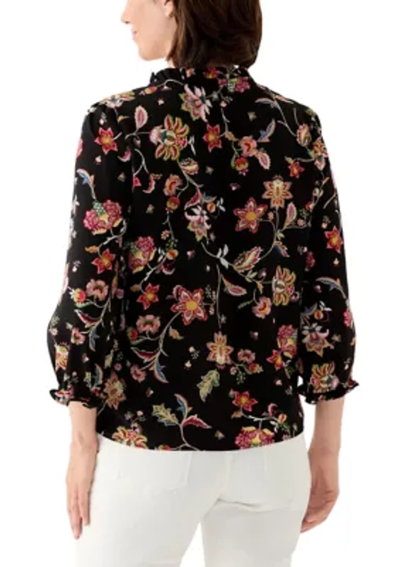 Women's 3/4 Sleeve Printed Split Neck Blouse with Button Front