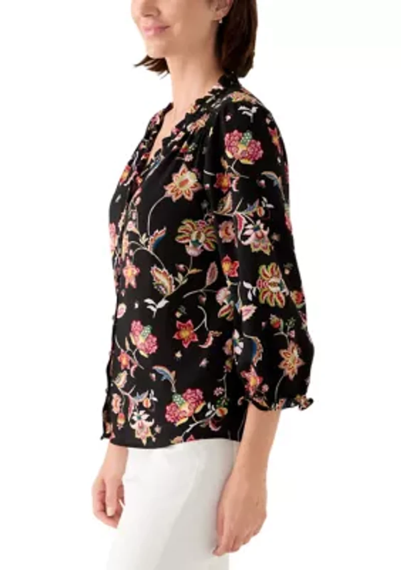 Women's 3/4 Sleeve Printed Split Neck Blouse with Button Front