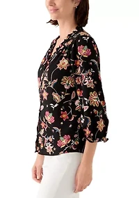 Women's 3/4 Sleeve Printed Split Neck Blouse with Button Front