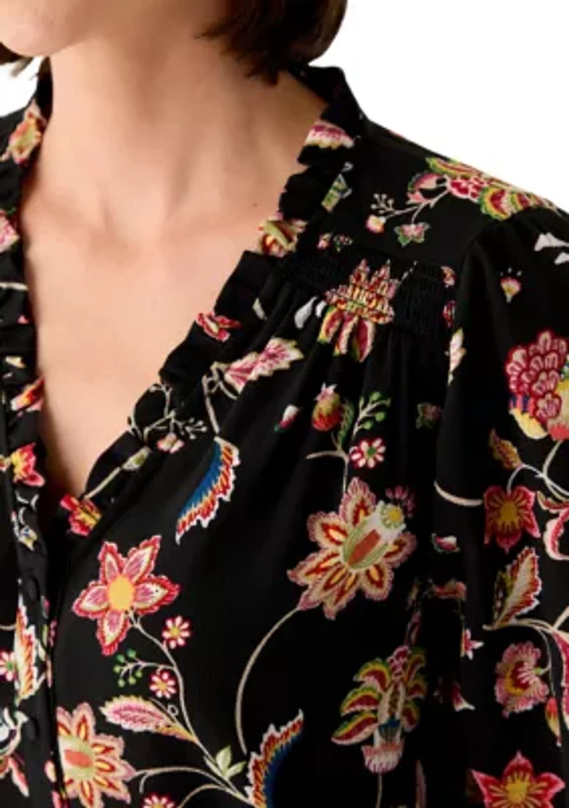 Women's 3/4 Sleeve Printed Split Neck Blouse with Button Front