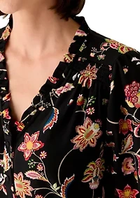 Women's 3/4 Sleeve Printed Split Neck Blouse with Button Front