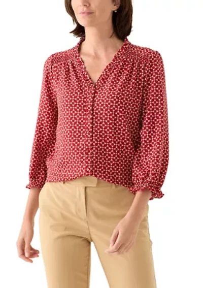 Women's 3/4 Sleeve Printed Split Neck Blouse with Button Front