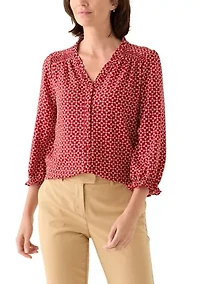Women's 3/4 Sleeve Printed Split Neck Blouse with Button Front