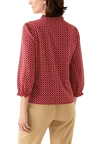 Women's 3/4 Sleeve Printed Split Neck Blouse with Button Front