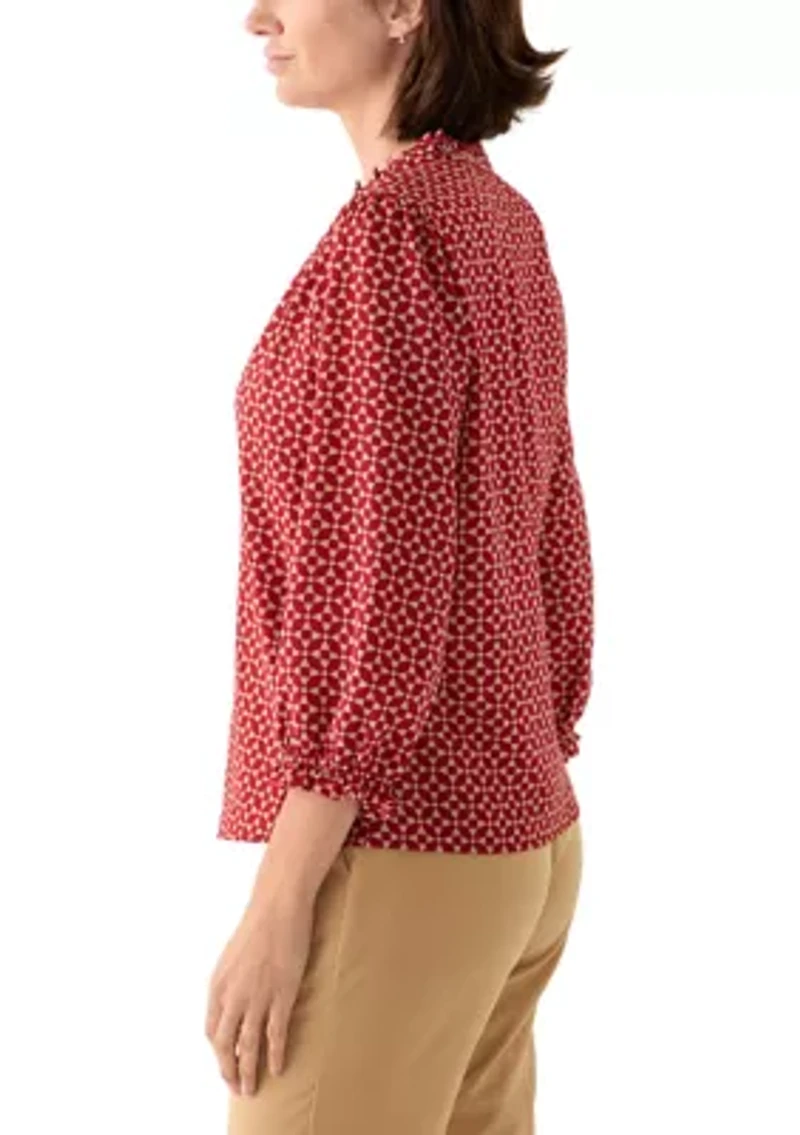 Women's 3/4 Sleeve Printed Split Neck Blouse with Button Front