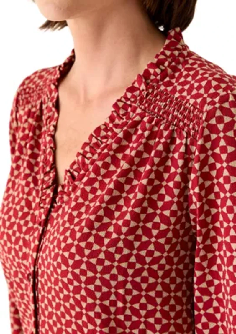 Women's 3/4 Sleeve Printed Split Neck Blouse with Button Front