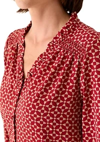 Women's 3/4 Sleeve Printed Split Neck Blouse with Button Front