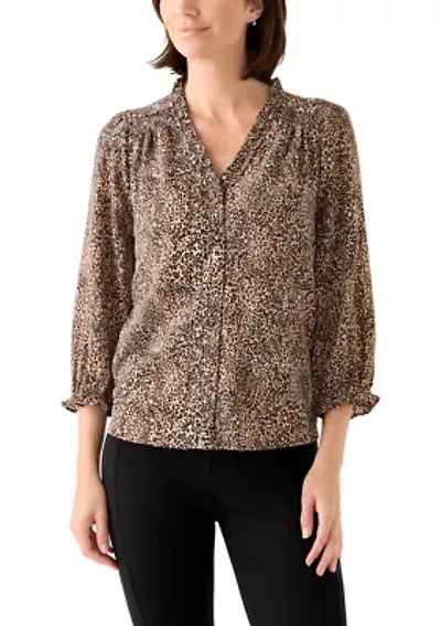Women's 3/4 Sleeve Printed Split Neck Blouse with Button Front