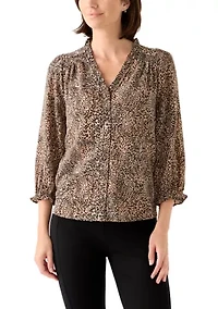 Women's 3/4 Sleeve Printed Split Neck Blouse with Button Front