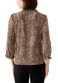 Women's 3/4 Sleeve Printed Split Neck Blouse with Button Front