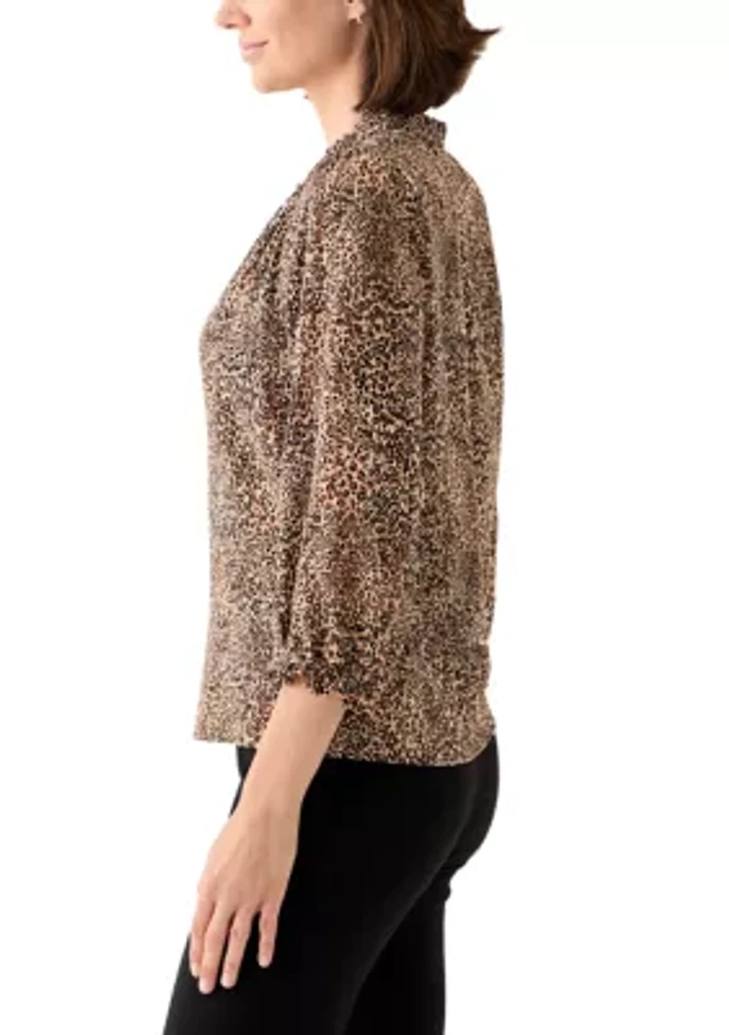 Women's 3/4 Sleeve Printed Split Neck Blouse with Button Front