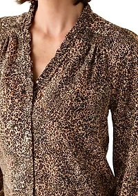 Women's 3/4 Sleeve Printed Split Neck Blouse with Button Front