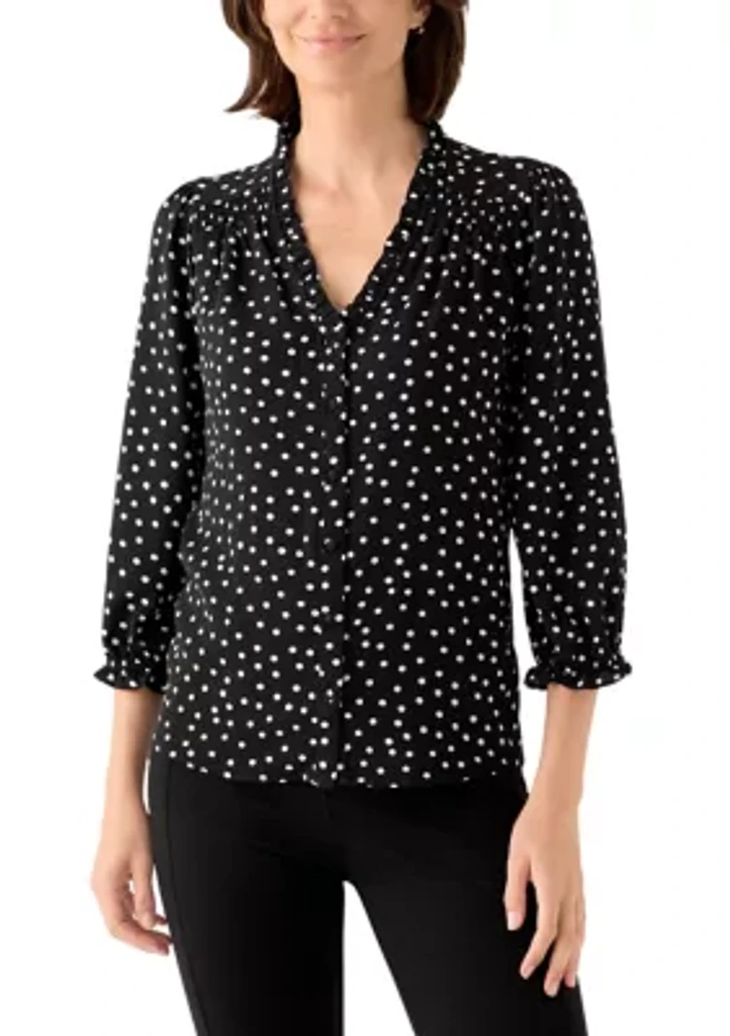 Women's 3/4 Sleeve Printed Split Neck Blouse with Button Front