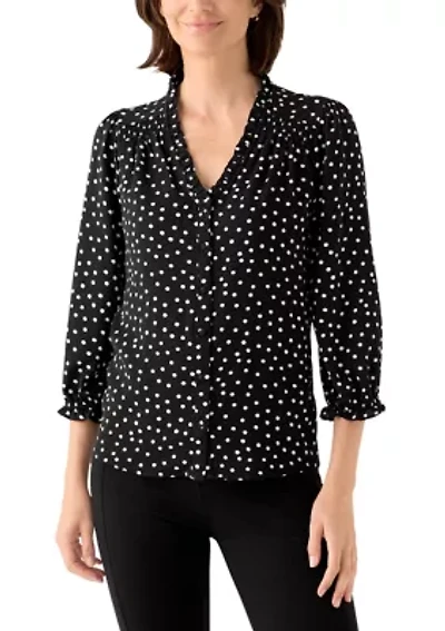 Women's 3/4 Sleeve Printed Split Neck Blouse with Button Front