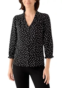 Women's 3/4 Sleeve Printed Split Neck Blouse with Button Front