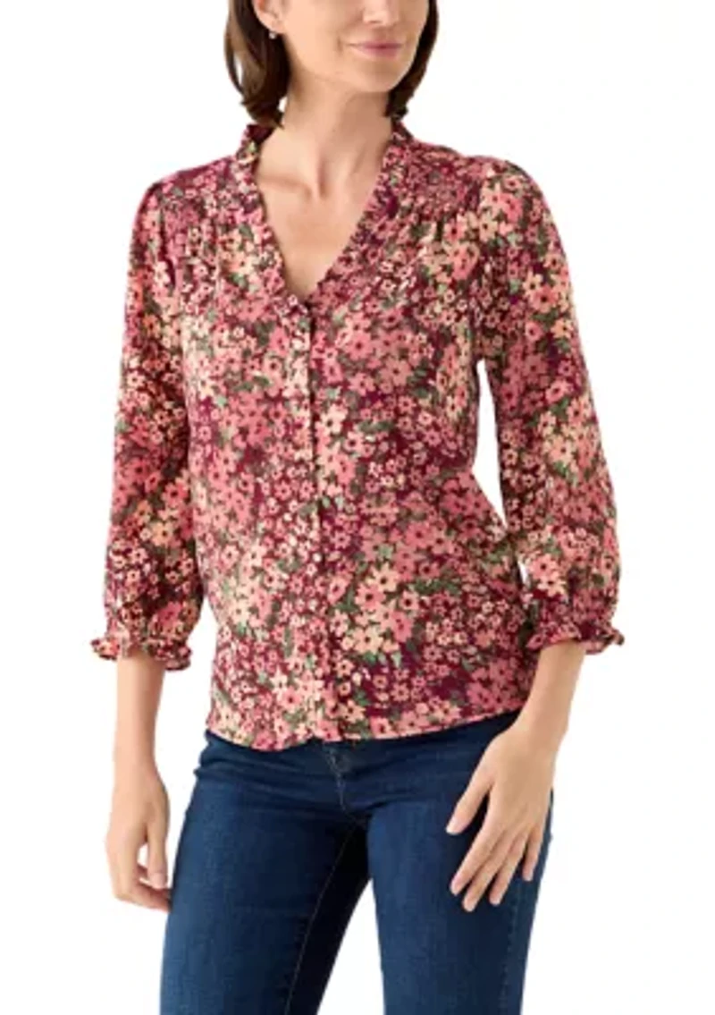 Women's 3/4 Sleeve Printed Split Neck Blouse with Button Front