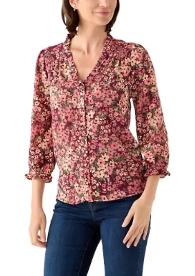 Women's 3/4 Sleeve Printed Split Neck Blouse with Button Front