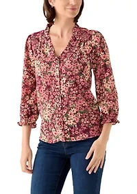 Women's 3/4 Sleeve Printed Split Neck Blouse with Button Front