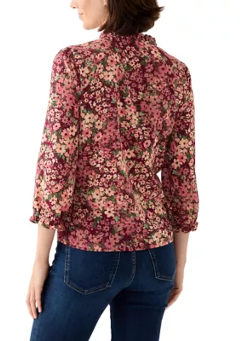 Women's 3/4 Sleeve Printed Split Neck Blouse with Button Front