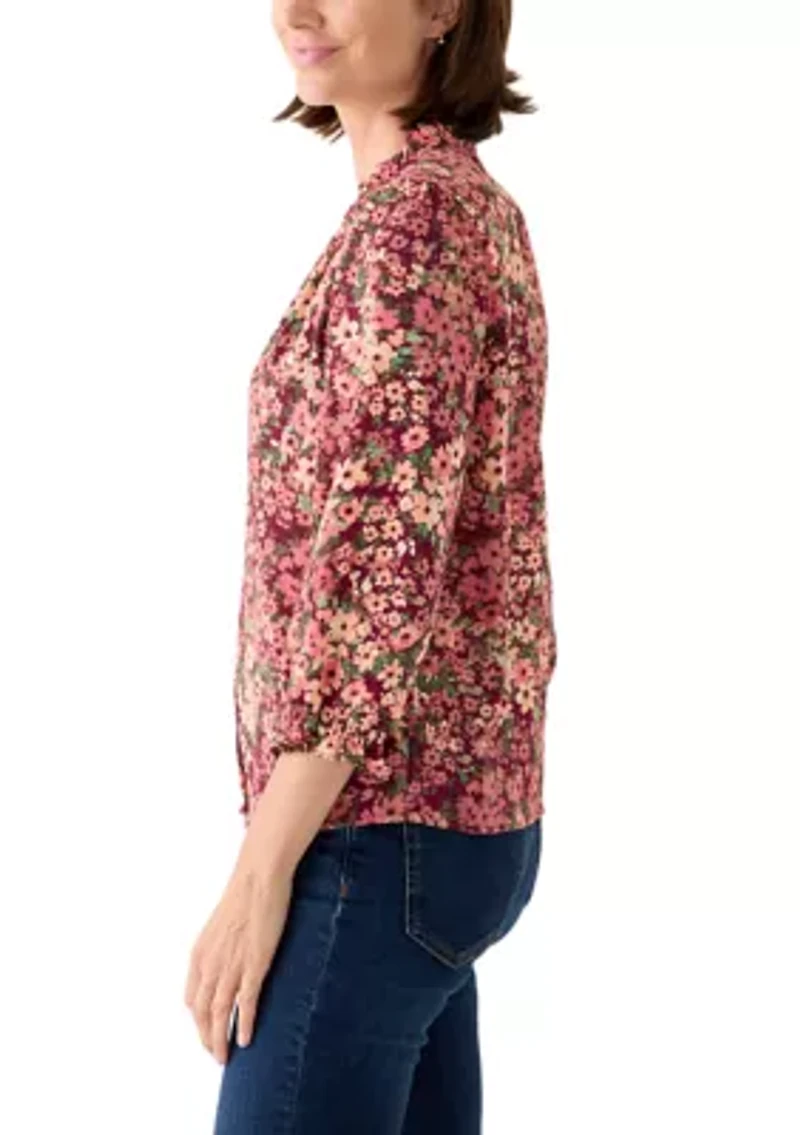 Women's 3/4 Sleeve Printed Split Neck Blouse with Button Front