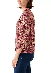 Women's 3/4 Sleeve Printed Split Neck Blouse with Button Front