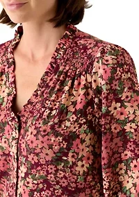 Women's 3/4 Sleeve Printed Split Neck Blouse with Button Front