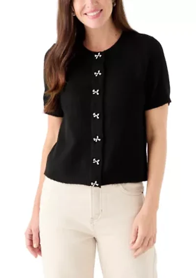 Women's Short Sleeve Bling Bow Button Cardigan