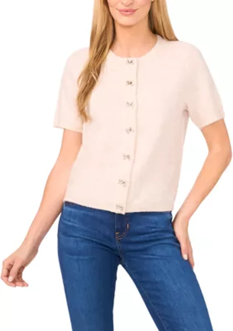 Women's Short Sleeve Bling Bow Button Cardigan