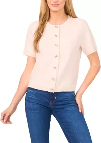 Women's Short Sleeve Bling Bow Button Cardigan