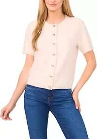 Women's Short Sleeve Bling Bow Button Cardigan