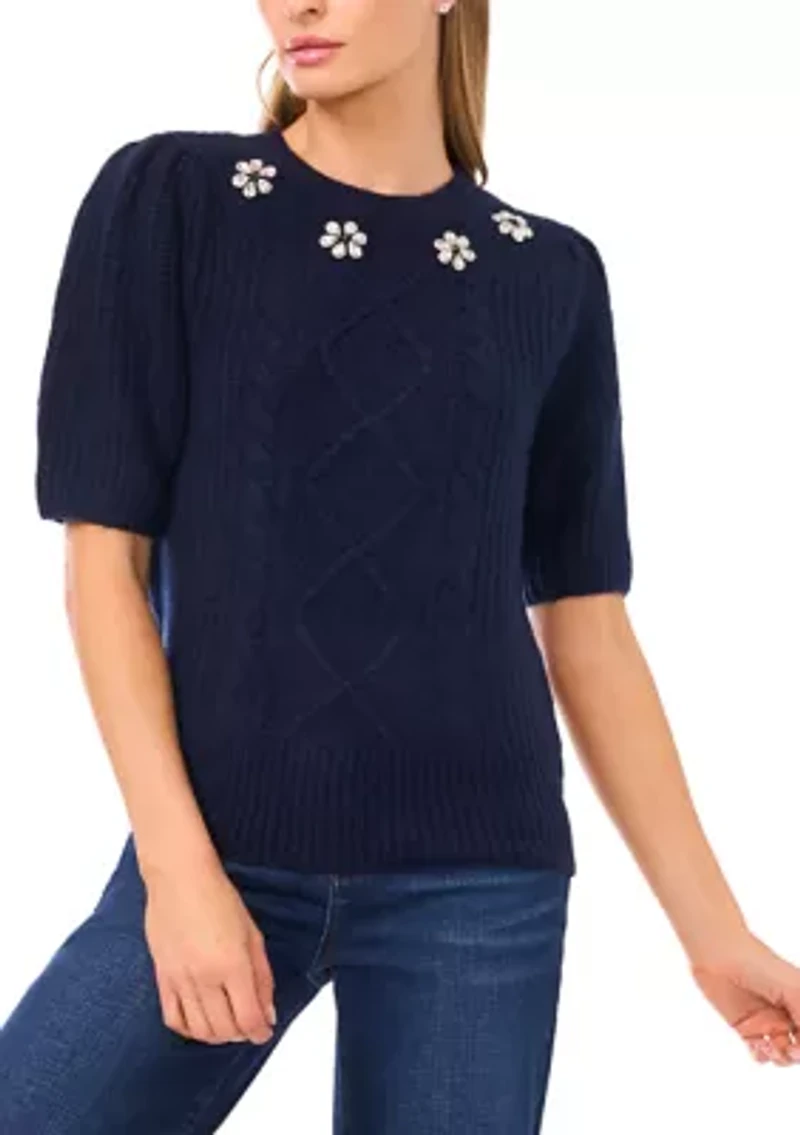 Women's Short Sleeve Embroidered Cable Knit Sweater