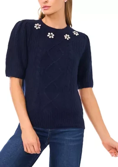 Women's Short Sleeve Embroidered Cable Knit Sweater