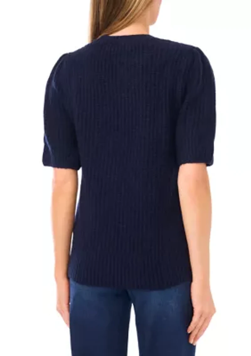 Women's Short Sleeve Embroidered Cable Knit Sweater