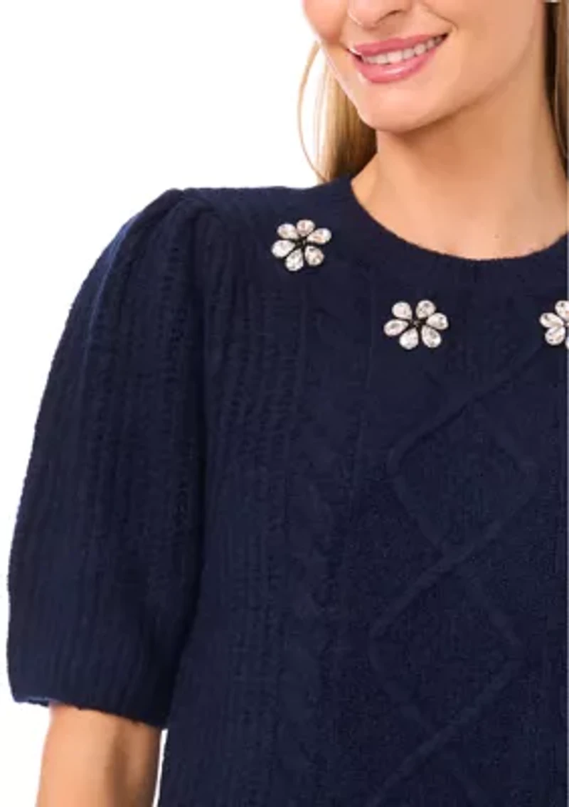 Women's Short Sleeve Embroidered Cable Knit Sweater