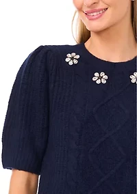Women's Short Sleeve Embroidered Cable Knit Sweater