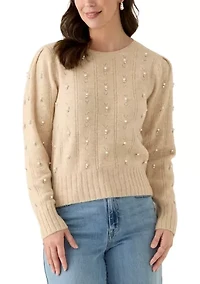 Women's Long Sleeve Pearl Embellished Cable Knit Sweater